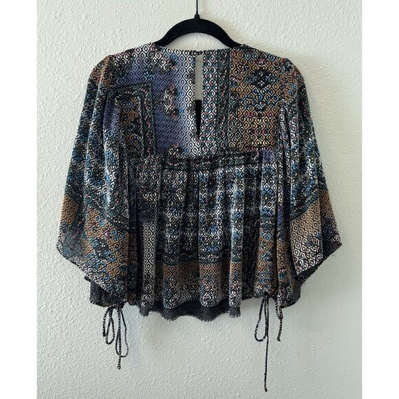 Zara Trafaluc Top Blouse Size Med Geometric Patterned Keyhole Tie Sides Boho - Picture 8 of 12